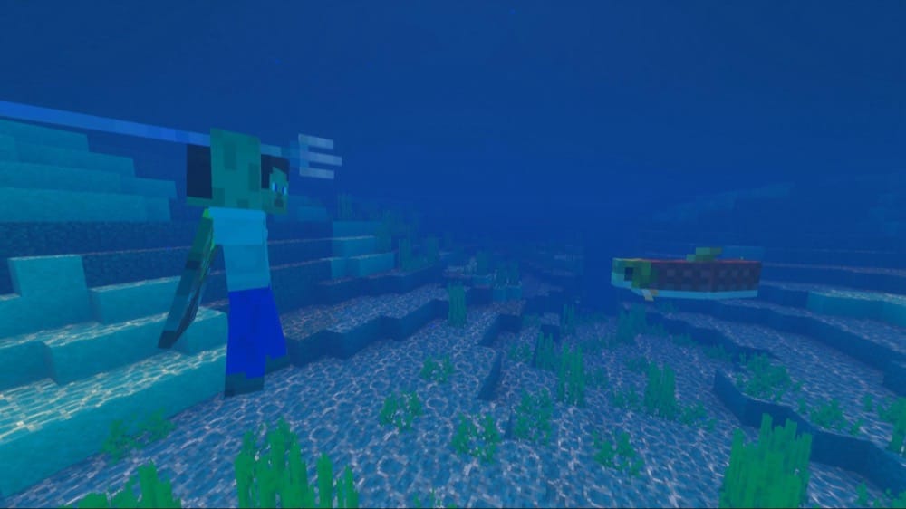 A Minecraft screenshot of the player squaring up with a trout, holding a trident.
