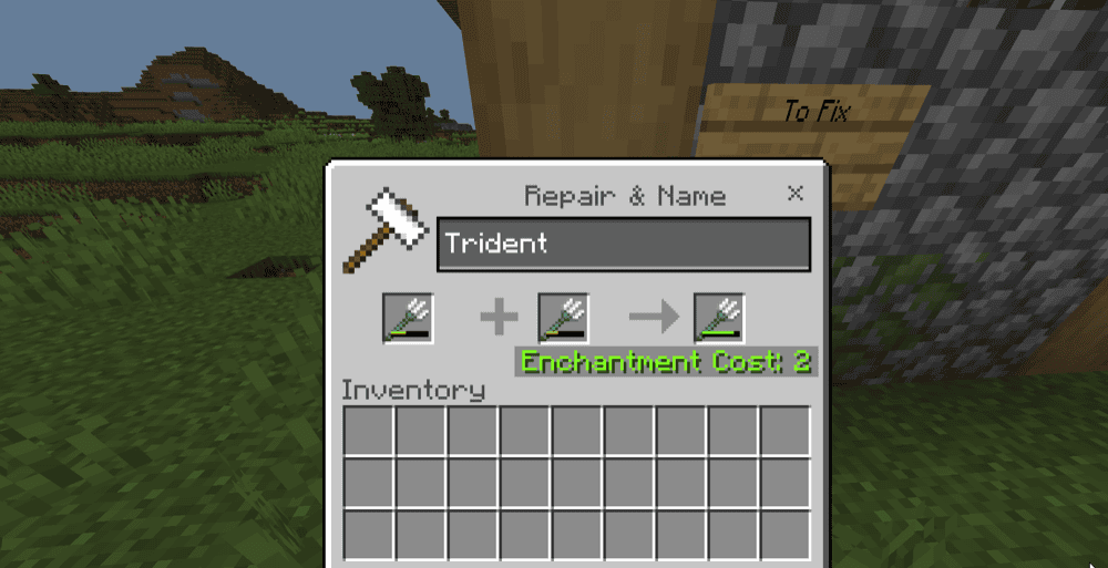 A Minecraft screenshot of repairing tridents at an anvil.
