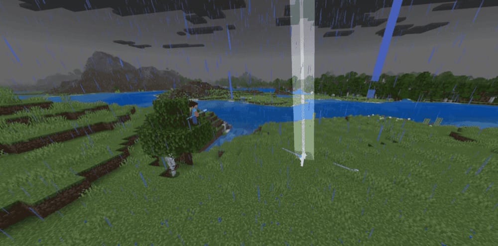 A Minecraft screenshot of a trident causing a lightning strike during a storm.