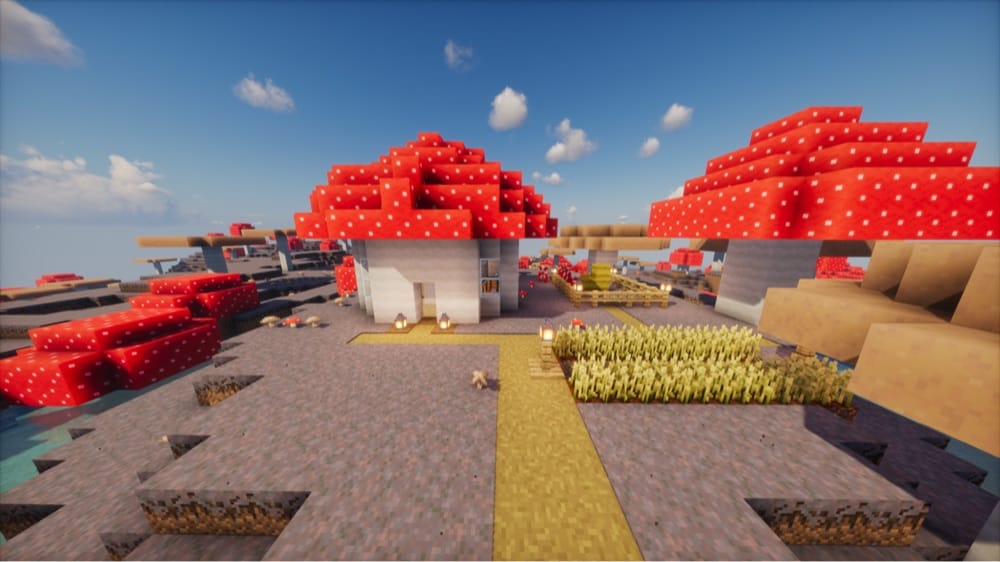 White round house with a red spotted mushroom cap for a roof, lanterns beside its door, a dirt path, a fenced pen and wheat rows on mycelium, with giant red and brown mushrooms around it.