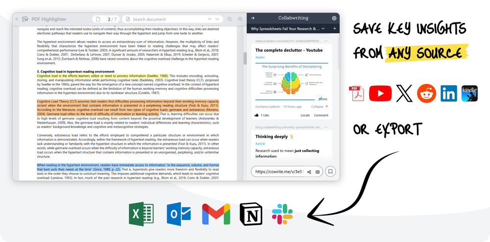 Save key insights from any source - PDF, YouTube, X, Reddit, Quora, LinkedIn, Kindle