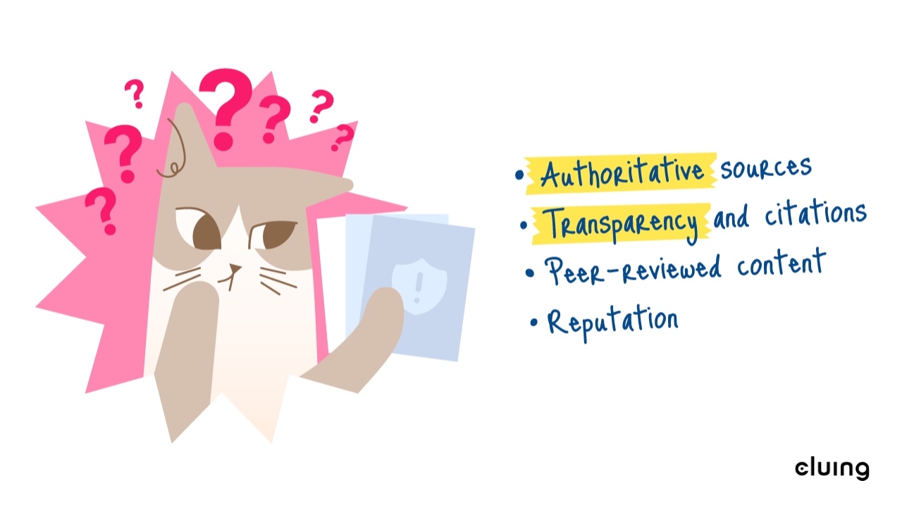 Here's how to identify reliable and unreliable sources: Authoritative sources, Transparency and citations, Peer-reviewed content, Reputation