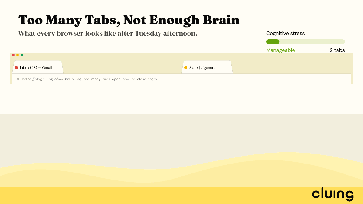Animated illustration: a browser fills up with tabs until their titles shrink to unreadable favicons and the cognitive-stress meter tips into 'overload'