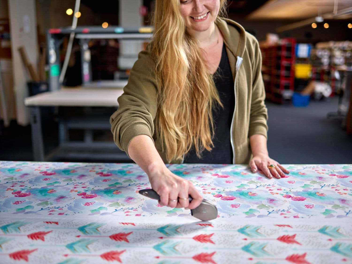 During processing, Spoonflower team members hand-cut every order that comes through the door! Featured design: A Shot in Water by Emily Sanford