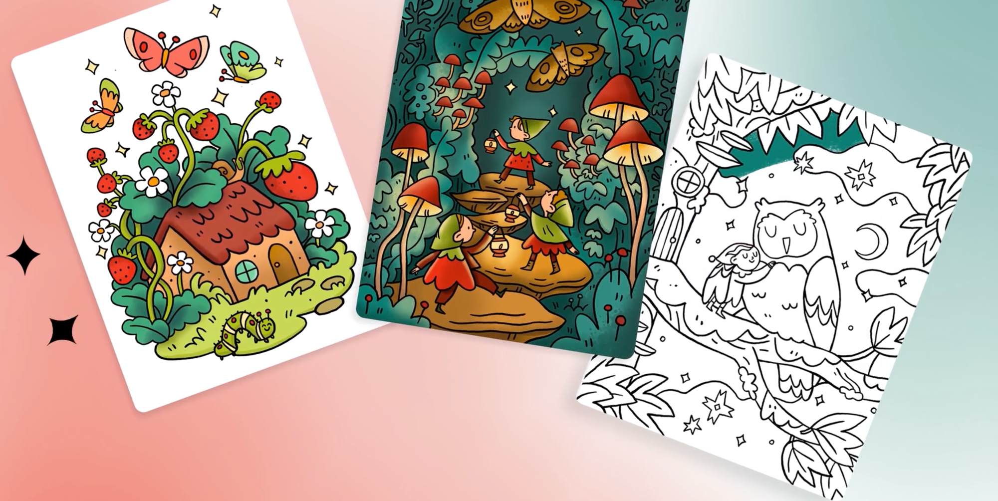 Overview of coloring pages illustrated by Sarah Holliday in the Lake app
