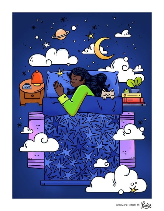 Relaxing illustration of a girl sleeping in a digital coloring page inside the Lake coloring app.