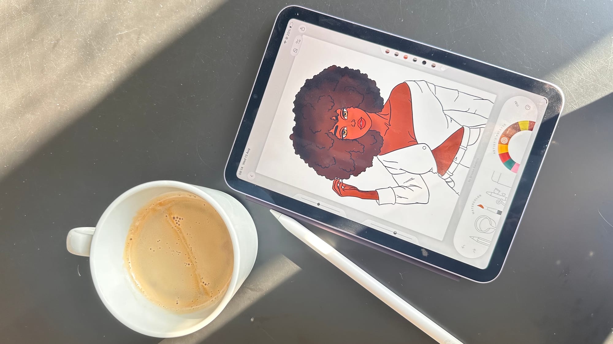 iPad mini displaying the Lake Coloring app next to a cup of coffee, with a partially colored illustration on screen, evoking a calm and mindful morning routine.