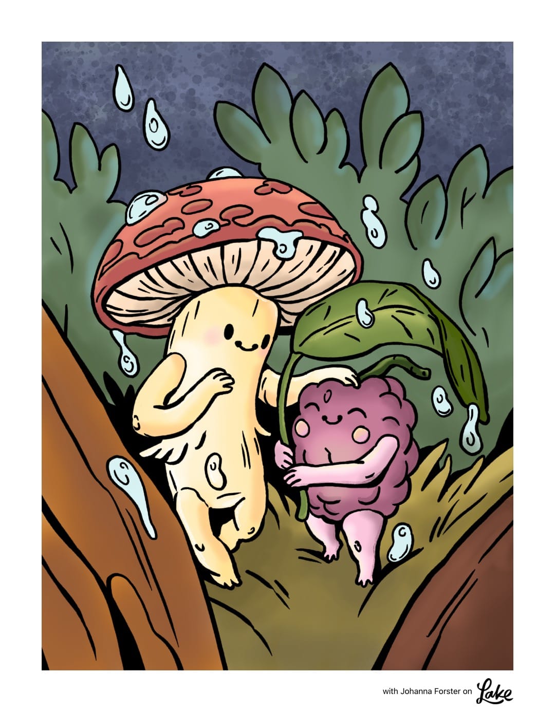 Colored illustration by Johanna Forster in the Lake app showing a tiny mushroom character and a raspberry character sheltering under a leaf in the rain