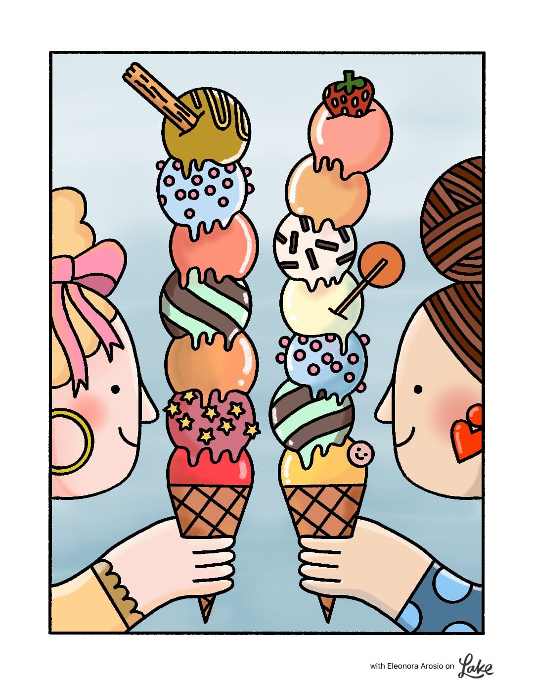 Eleonora Arosio illustration colored in the Lake app - two friends sharing oversized ice cream cones piled high with scoops and toppings.