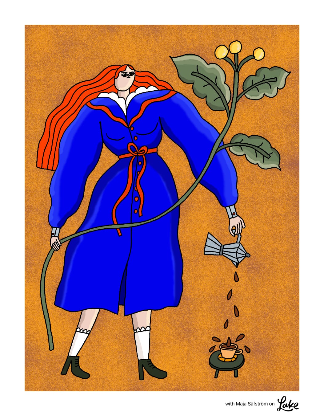 Colored illustration by Maja Säfström in the Lake app showing a red-haired woman in a blue coat pouring coffee from a moka pot into a cup