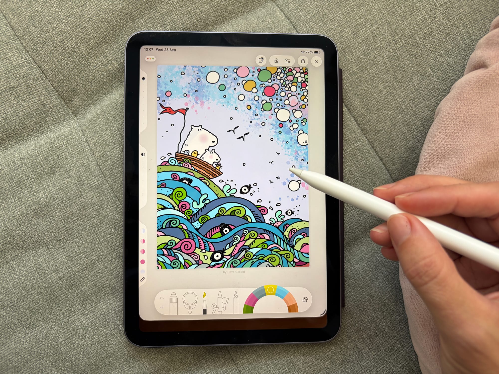 Apple Pencil coloring an iPad artwork by Dave Garbot in the Lake coloring app