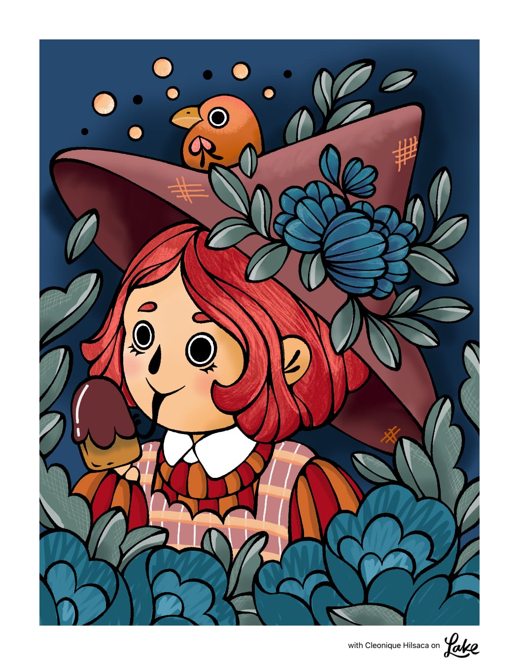 Red-haired girl in a pink witch hat eating an ice cream bar, with an orange bird and blue flowers, colored on Lake.