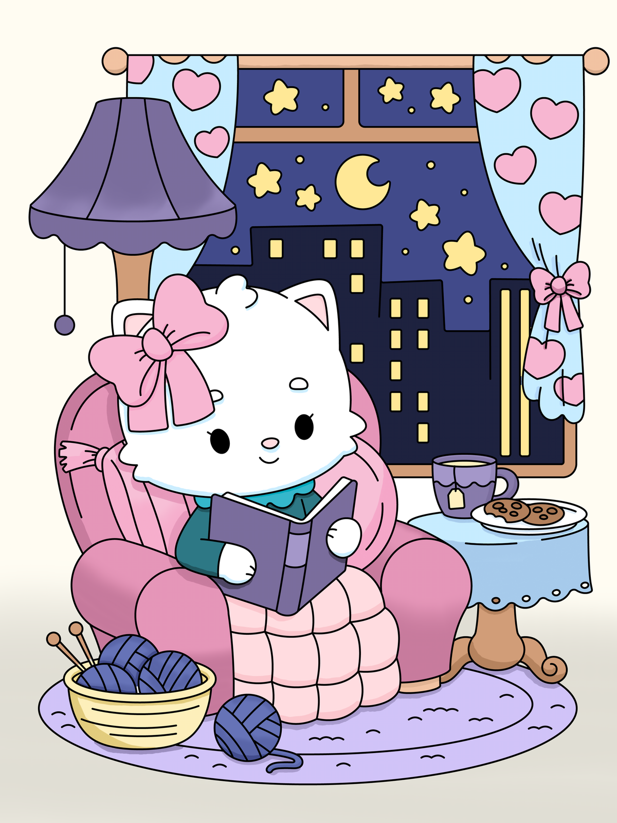 A colored illustration by Pamela Barbieri of a cat sitting and reading an open book, shown in the Lake coloring app.