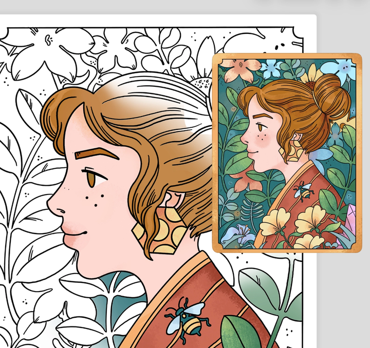 Lake coloring app's Recreate feature showing a partially colored illustration next to the artist's fully colored reference version