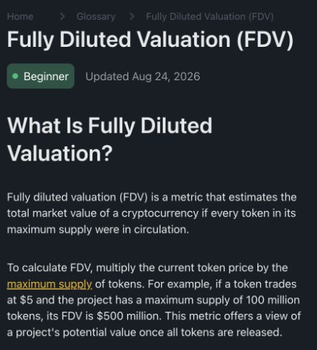 Binance Academy definition of fully diluted valuation using maximum supply