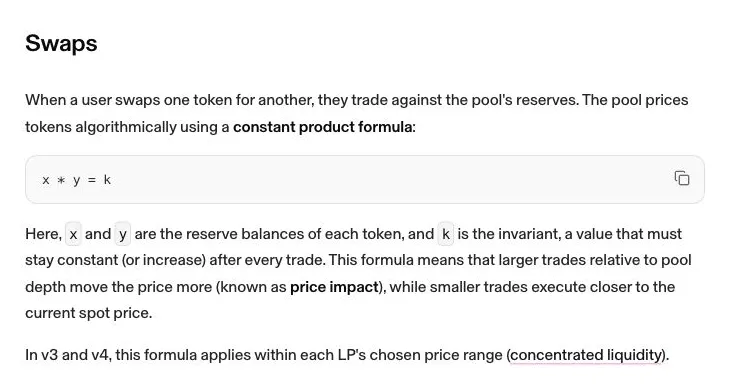 Uniswap documentation explaining the constant-product formula and price impact