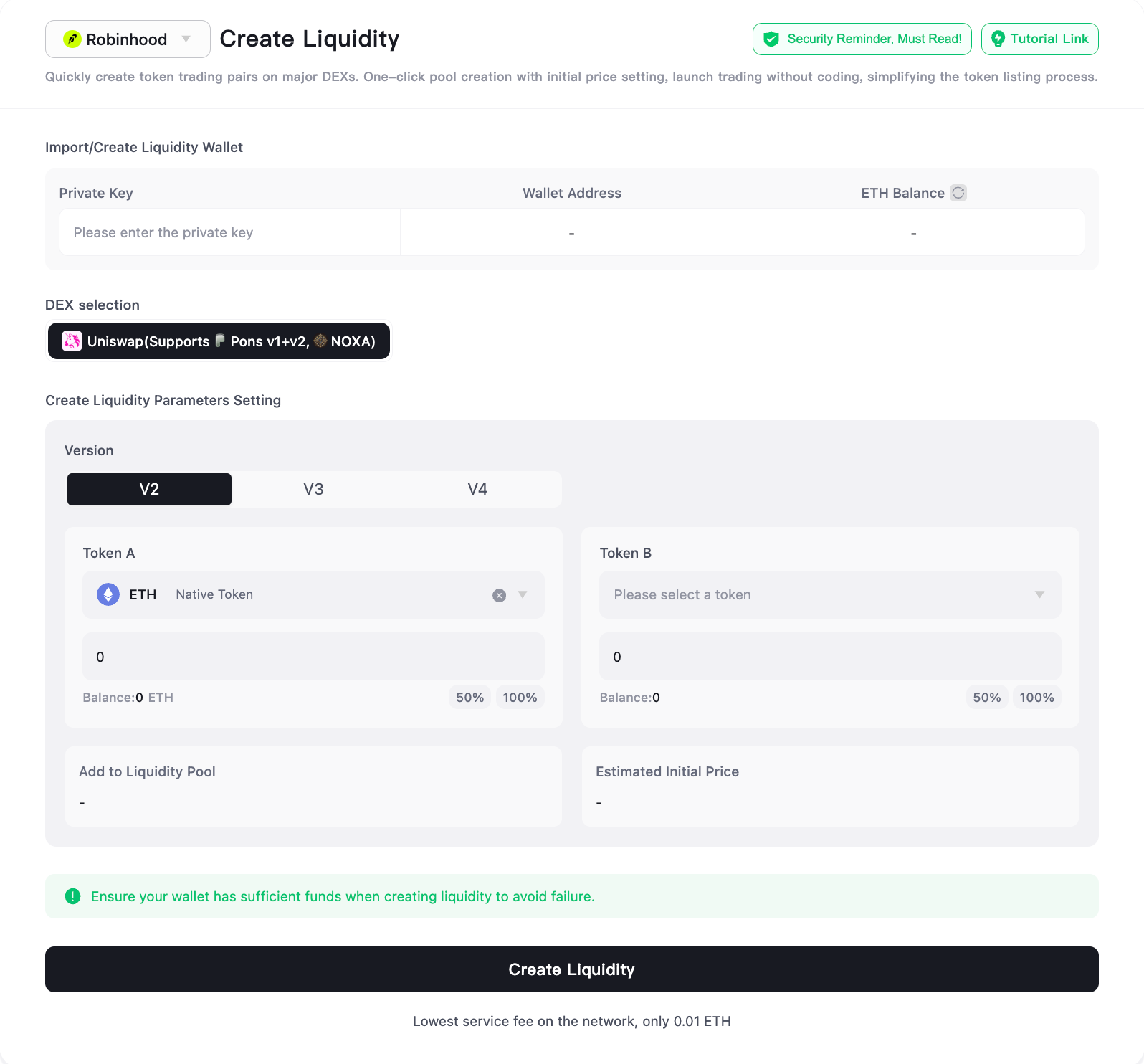 SlerfTools Robinhood Chain Create Liquidity page