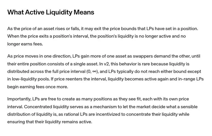 Uniswap documentation explaining when concentrated liquidity becomes inactive