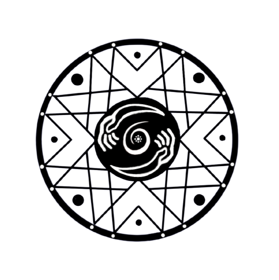  ID: Line art of a web with many circles embedded around the border and throughout the design. In the center of the web are hands around a celestial body with a swirl. Colors are black and white.