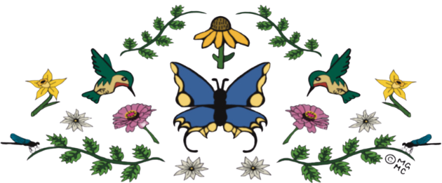 Illustrated blue butterfly with yellow edges. Above it is a yellow cone flower and bellow two white flowers with sharpe petals. The illustration features a mirror image effect shaped like a triangle. A vine of leaves with a blue dragonfly on the outter edge frames the base and a smaller vine of leaves frame the top part in a diagonal. In between the vines are a pink zinna, another white sharp petaled flower, and a yellow daffodil. Hovering above the zinna is a red throated hummingbird illustration facing toward the center.
