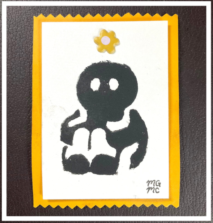 A figure made of black ink and white negative space sits with its knees up and arms around their legs. Above their head is a floating raised yellow flower. The background is white with a yellow border, featuring zig zags on the top and bottom.
