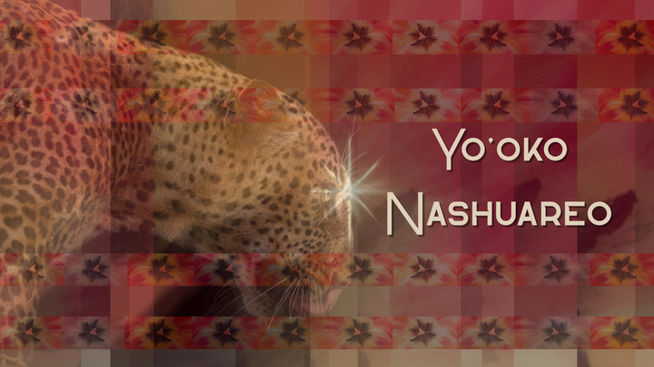 Collage of a pink and yellow flower with a jaguar image underlying everything. A star is on the jaguar's forehead and text reads next to its head reads "Yo'oko Nashuareo."