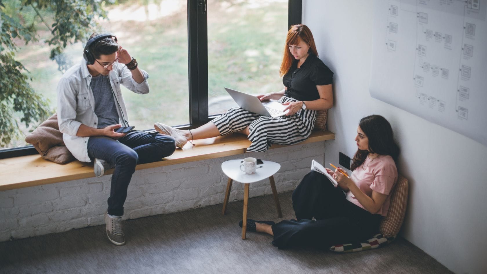 Young professionals sitting by a window