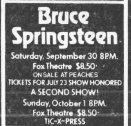 a black and white ad for bruce springsteen's shows at the fox theater in atlanta, ga, on 9/30/78, also noting a second show on October 1