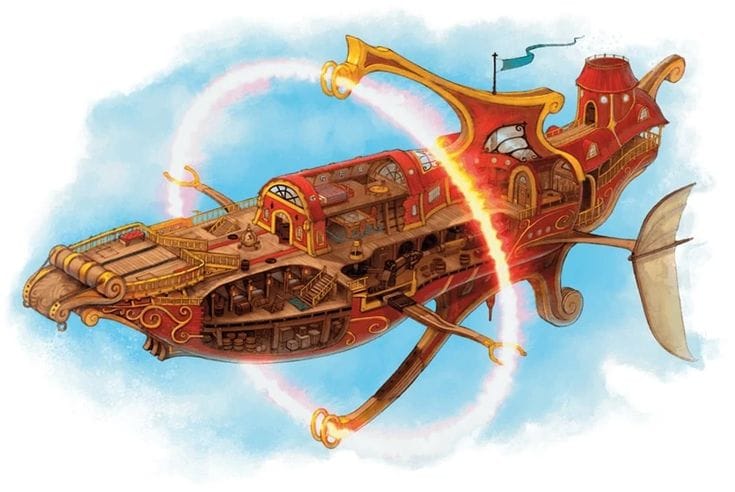 A large, flying, steampunk stylised boat