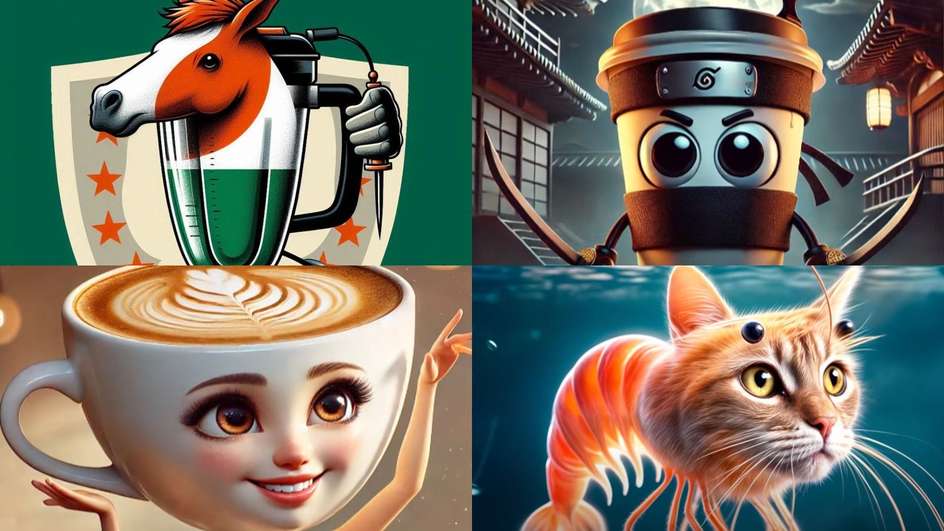 A group of of 4 Italian Brainrot AI images. One is a horse-blender. One is a ninja coffee cup. One is a cappuccino ballerina. One is a shrimp with a cats head
