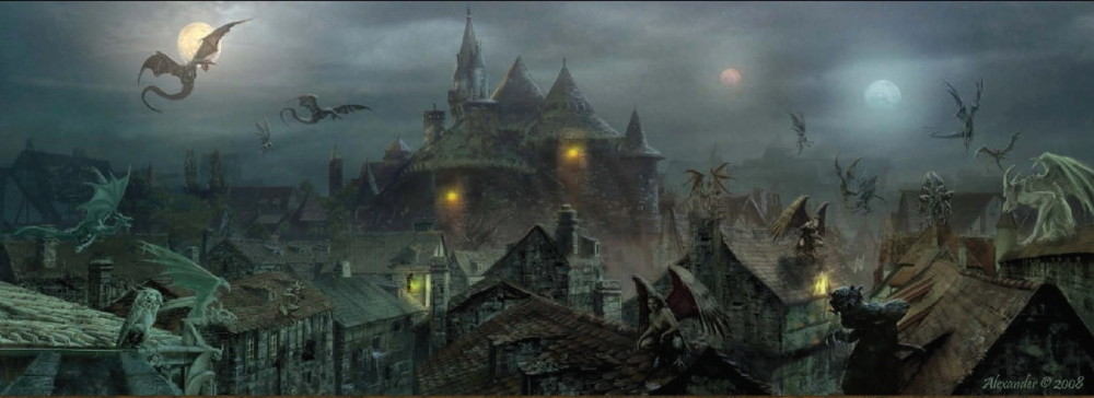 A dark, foggy town. It's roofs are covered in all sorts of winged monsters.