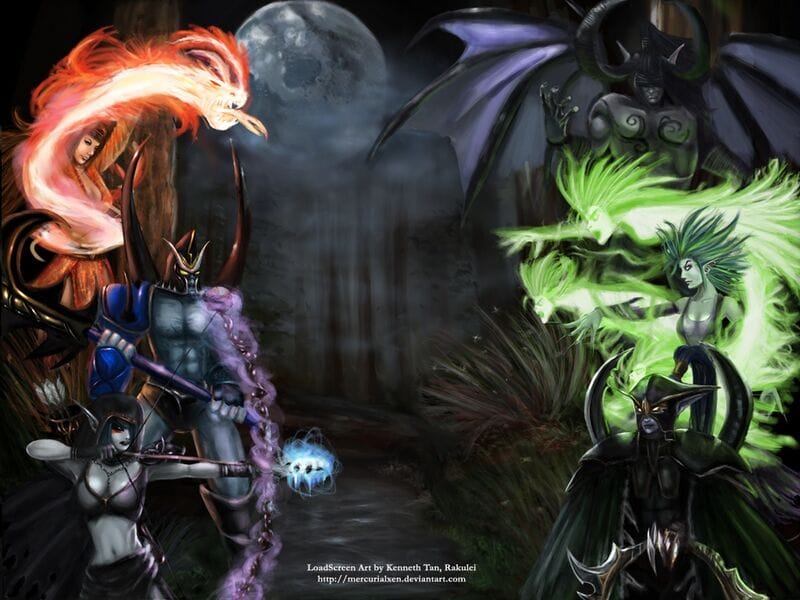 An image of the Dota Allstars loading screen during version 6.2. Two forces of magical warriors stand opposing one another, preparing to do battle