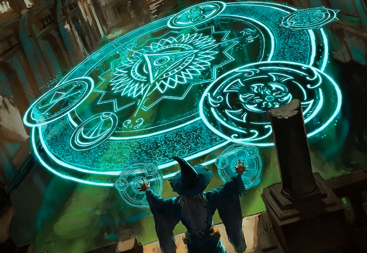 A wizard summons an arcane circle of runes