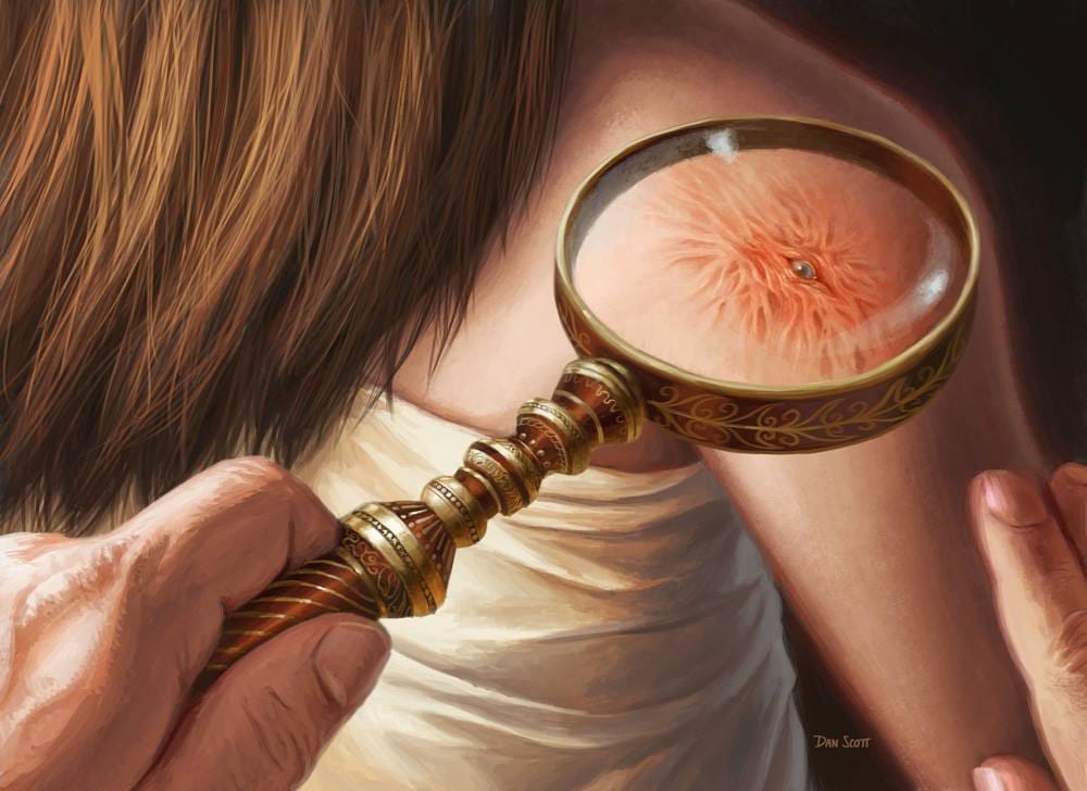 An image of the a magnifying glass being held up to a persons shoulder. A small eye can be seen looking back at the user