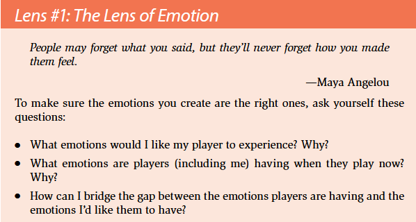 An image of the Lens of Essential Experience from the book 'The Art of Game Design'