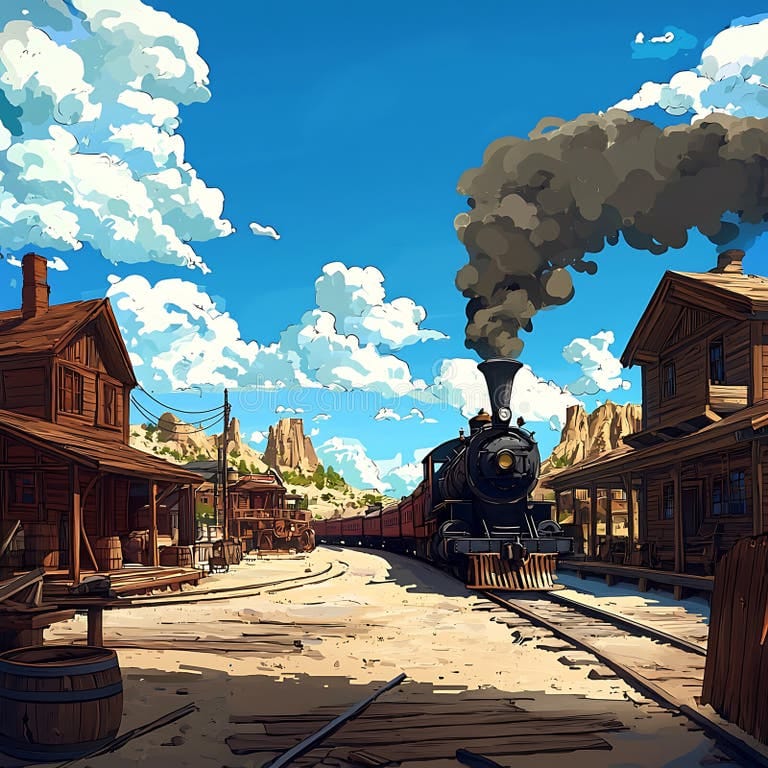 A train pulling into the station in a wild-west town