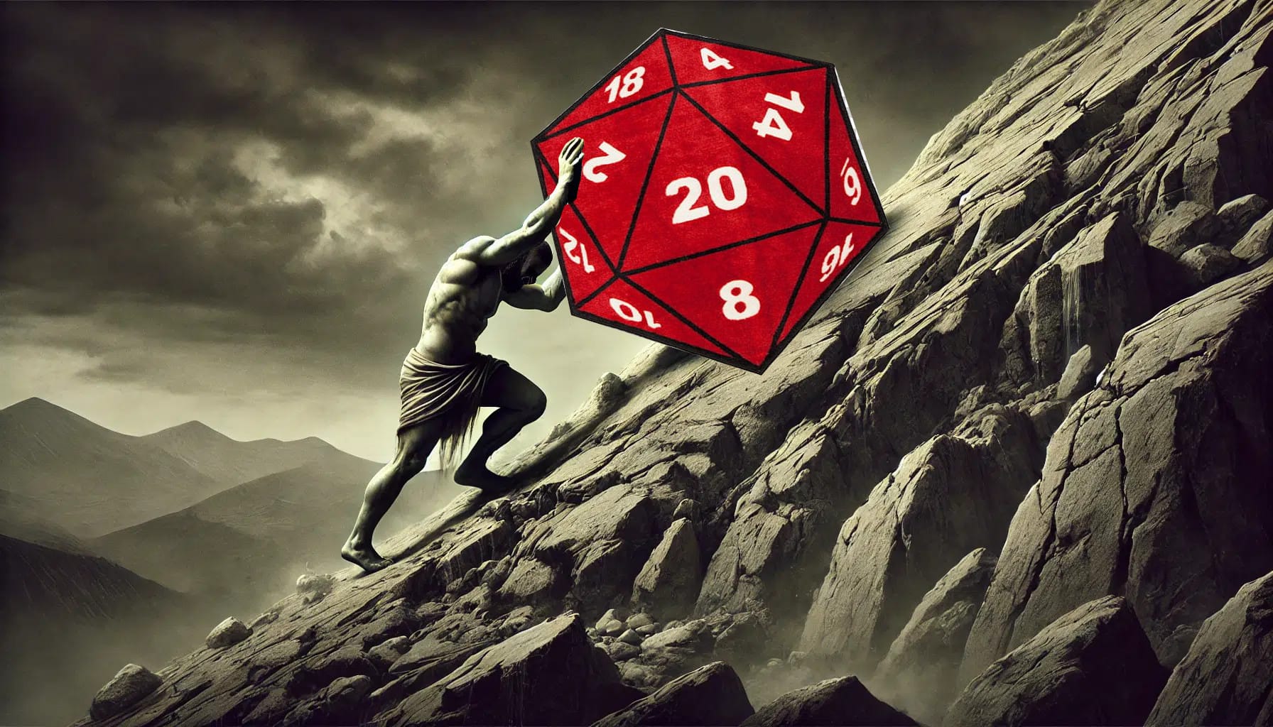 Sisyphus pushes a boulder up a hill. The boulder has been replaced by a 20 sided dice
