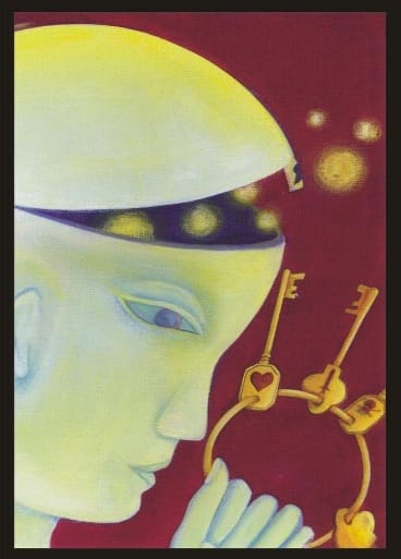 An image of a person holding a set of keys. Their head flips open like a treasure chest