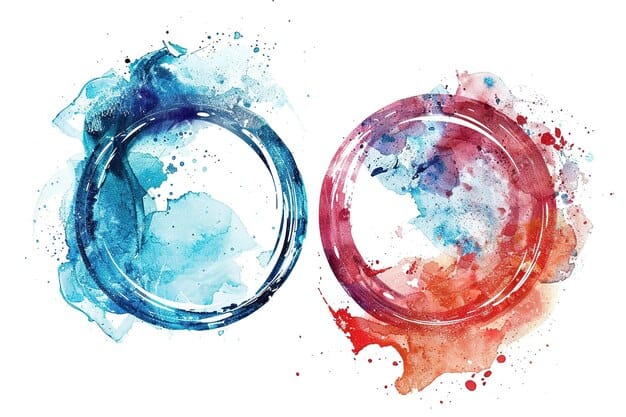 Two messy circles, one red, one blue