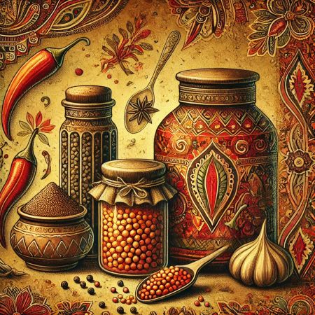 Traditionell indische Zeichnung von Gefäßen und Gewürzen