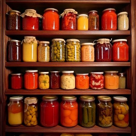Ein Regal mit vielen verschiedenen Gläsern eingelegter Lebensmittel. 