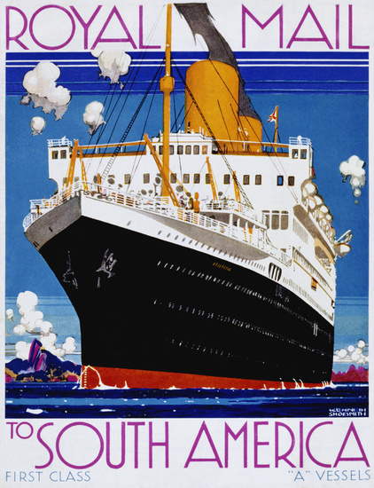 RMS Astrias in a poster from 1930 advertising the Royal Mail Line