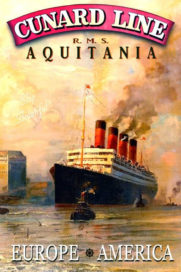 A Cunard Line poster highlighting RMS Aquitania