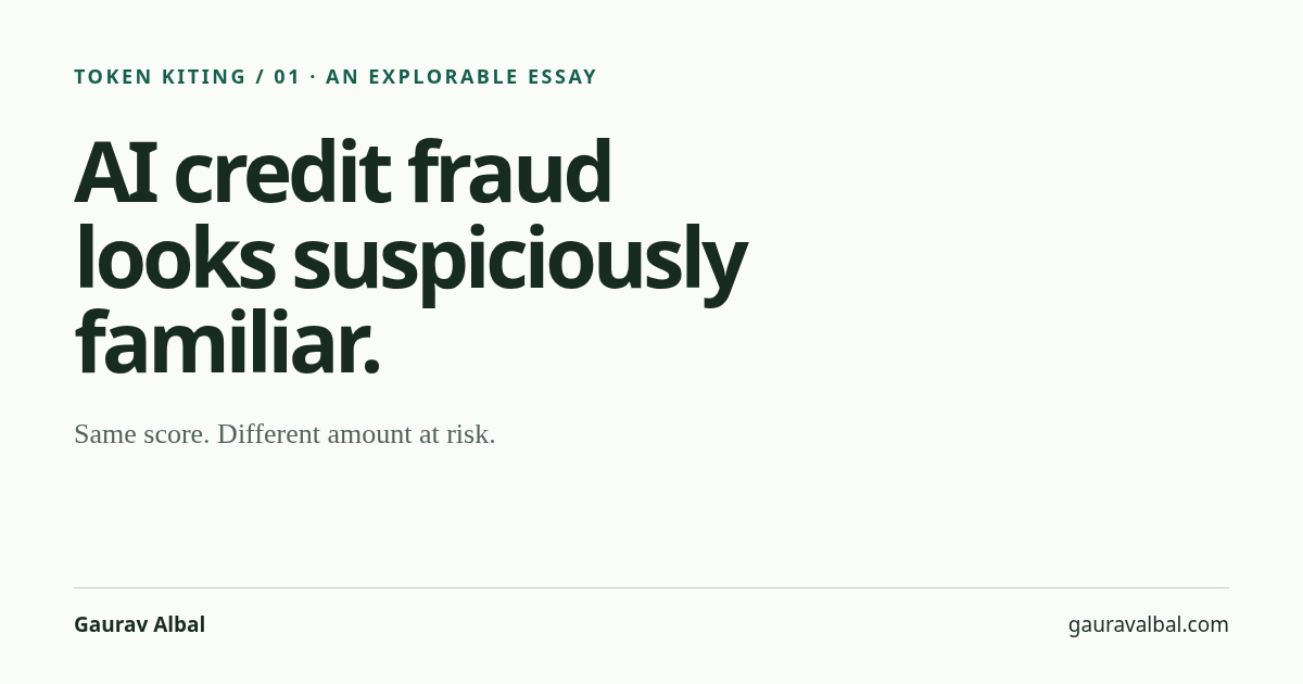 AI credit fraud looks suspiciously familiar. Same score. Different amount at risk. An explorable essay by Gaurav Albal.