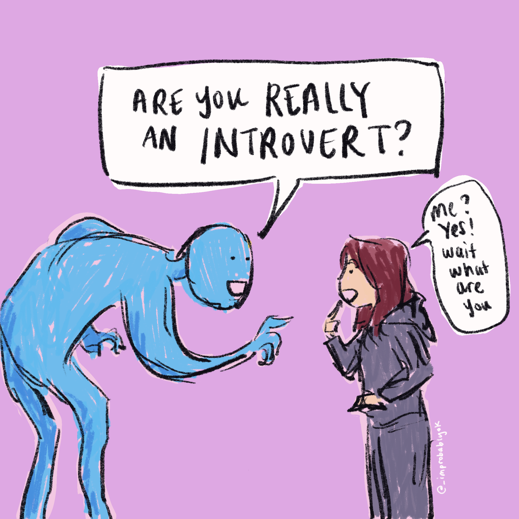 panel 1: a friendly, blue, humanoid alien leans in asking "are you really an introvert?" zhen-zhen points at self, cheerfully confused, saying "me? yes! wait what are you-"