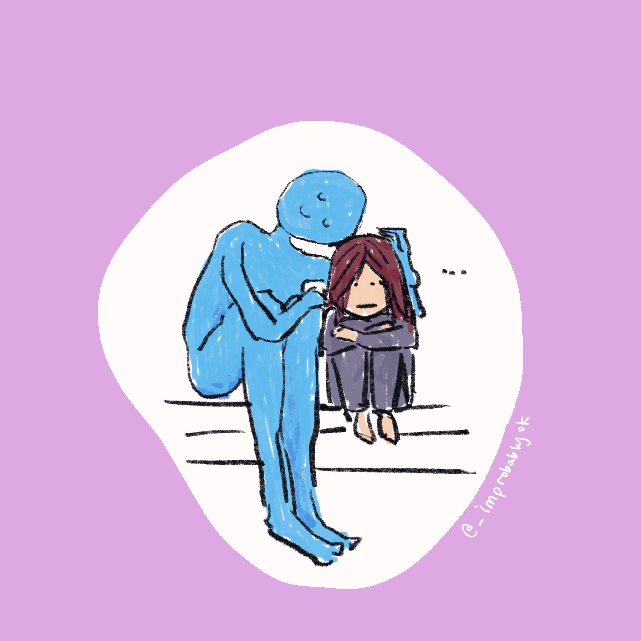 Blue Alien Friend and Zhen-Zhen are seated on some steps. Zhen-Zhen is curled up processing this harrowing remark, while Alien Friend provides a side-hug with a knowing smile.