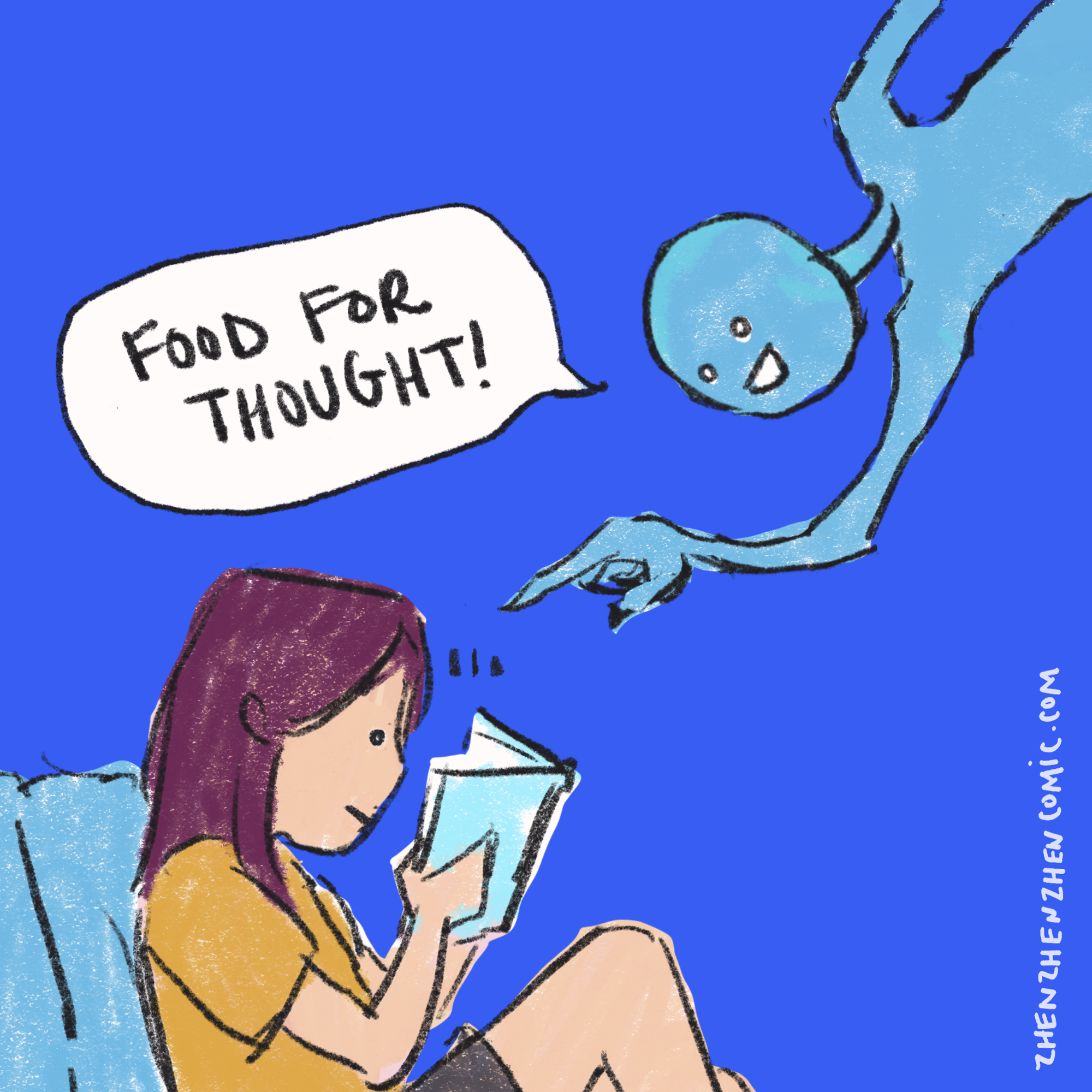 the blue alien points at zhen-zhen, happily proclaiming "food for thought!" zhen-zhen's smile freezes on her face.