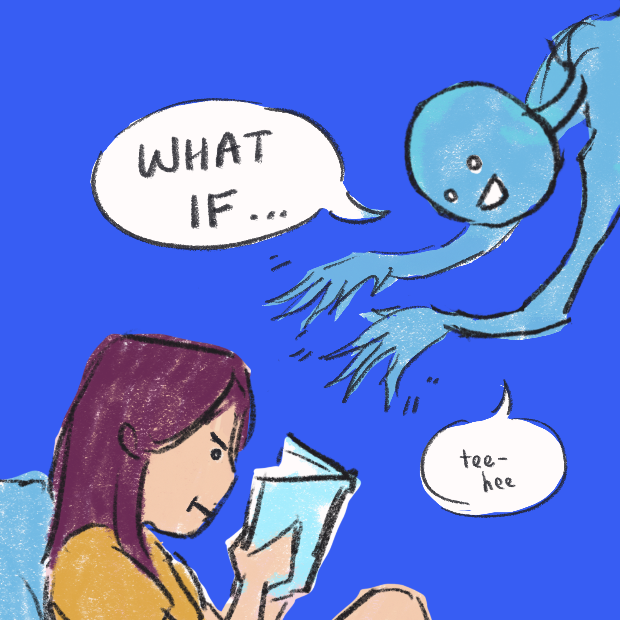 the alien leans in, wriggling their fingers obnoxiously while saying "what if..." then they giggle "tee-hee" zhen-zhen is pretending to read furiously.
