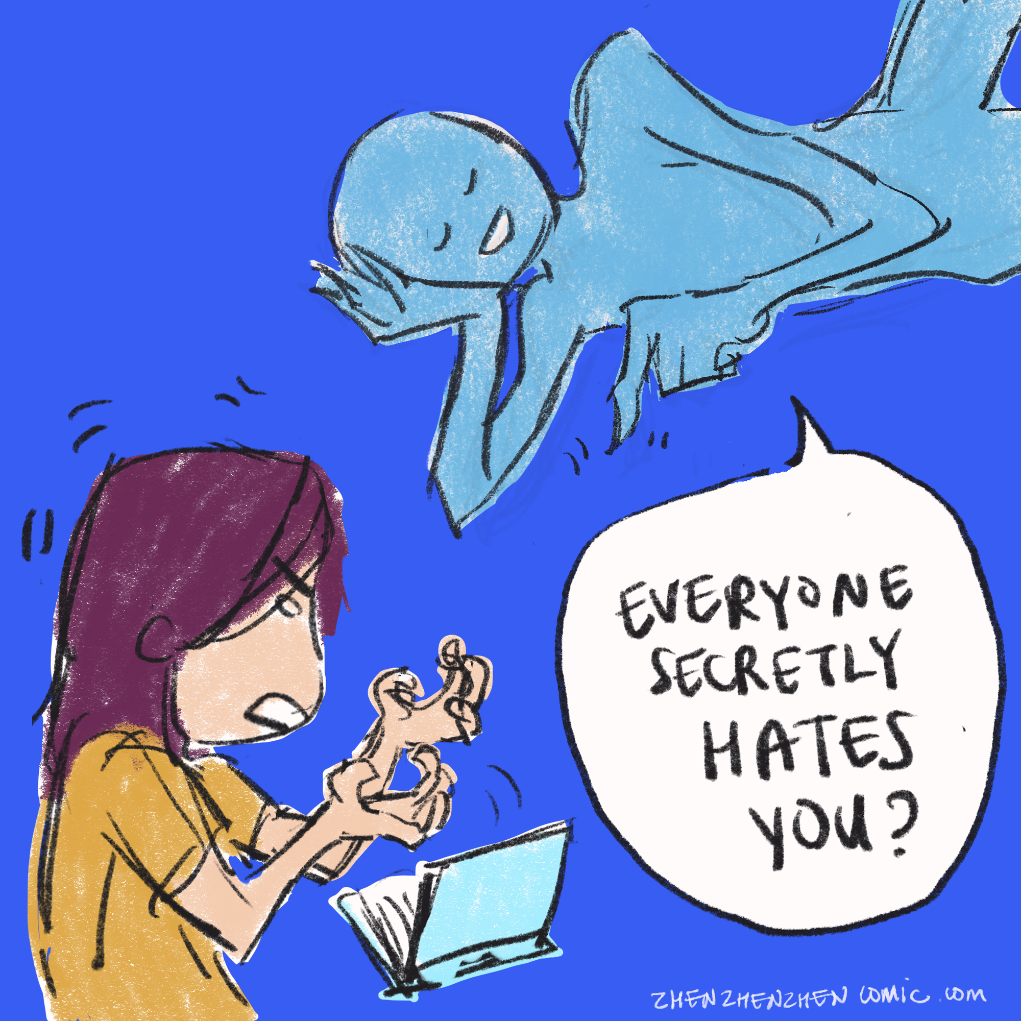 the weird alien is relaxing propped up on their side, drawing circles with a finger as they finish saying "... everyone secretly hates you?" zhen-zhen is aghast and drops the book.