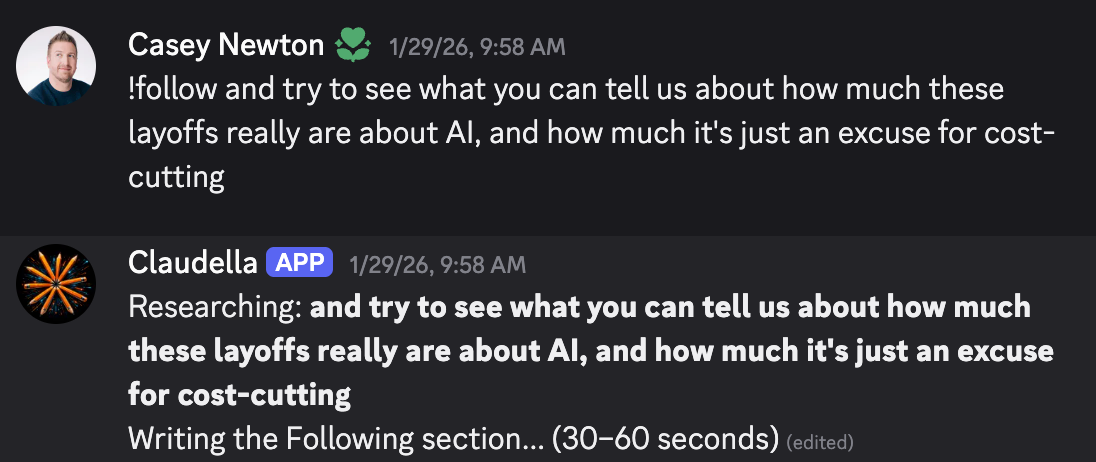 Screenshot of a Discord interaction between Ella and Claudella in which Claudella says it will take 30-60 seconds to complete a task